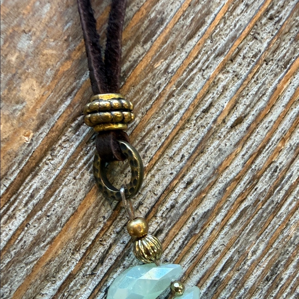 Bohemian Green Beaded Necklace with Brown Suede Cord - Picture 5 of 7